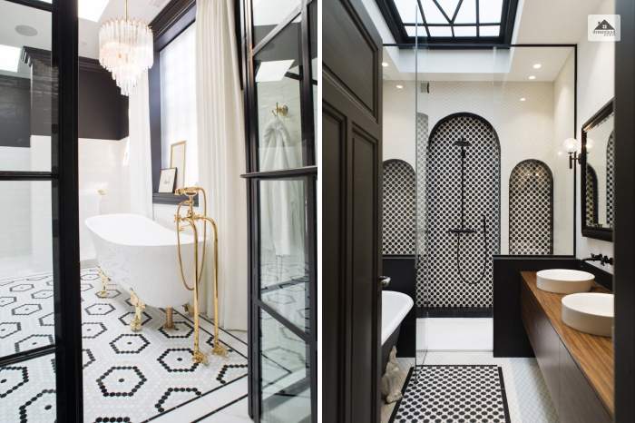 Bathroom With Black Door And White Bathtub