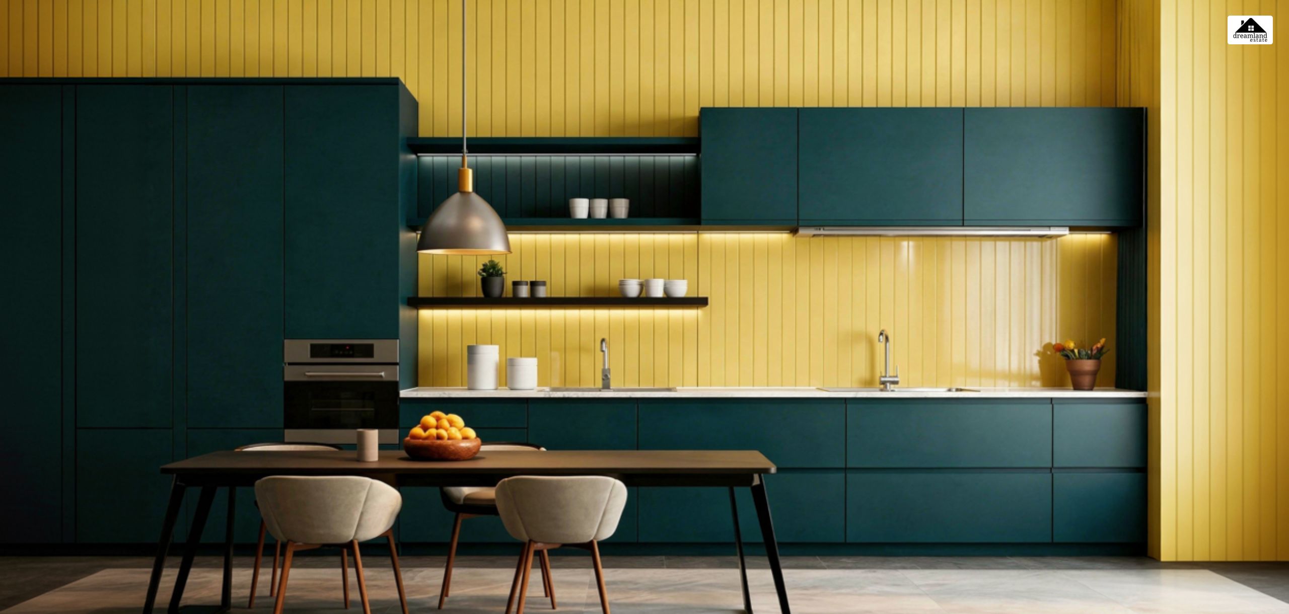 Dark Teal Kitchen Cabinet With Yellow Walls