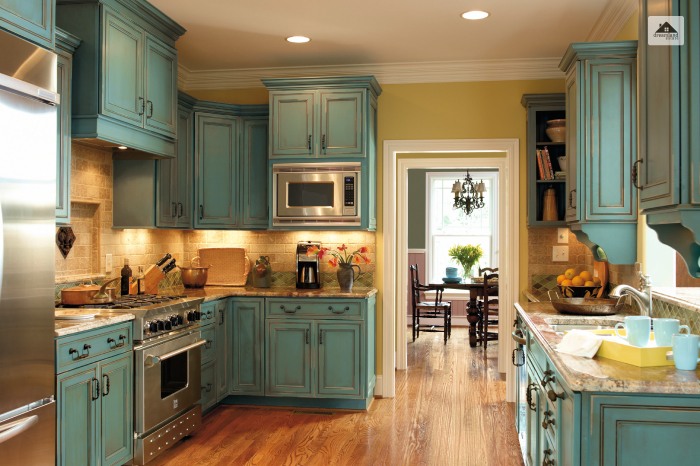 Dark Teal Kitchen Cabinet With Yellow Walls