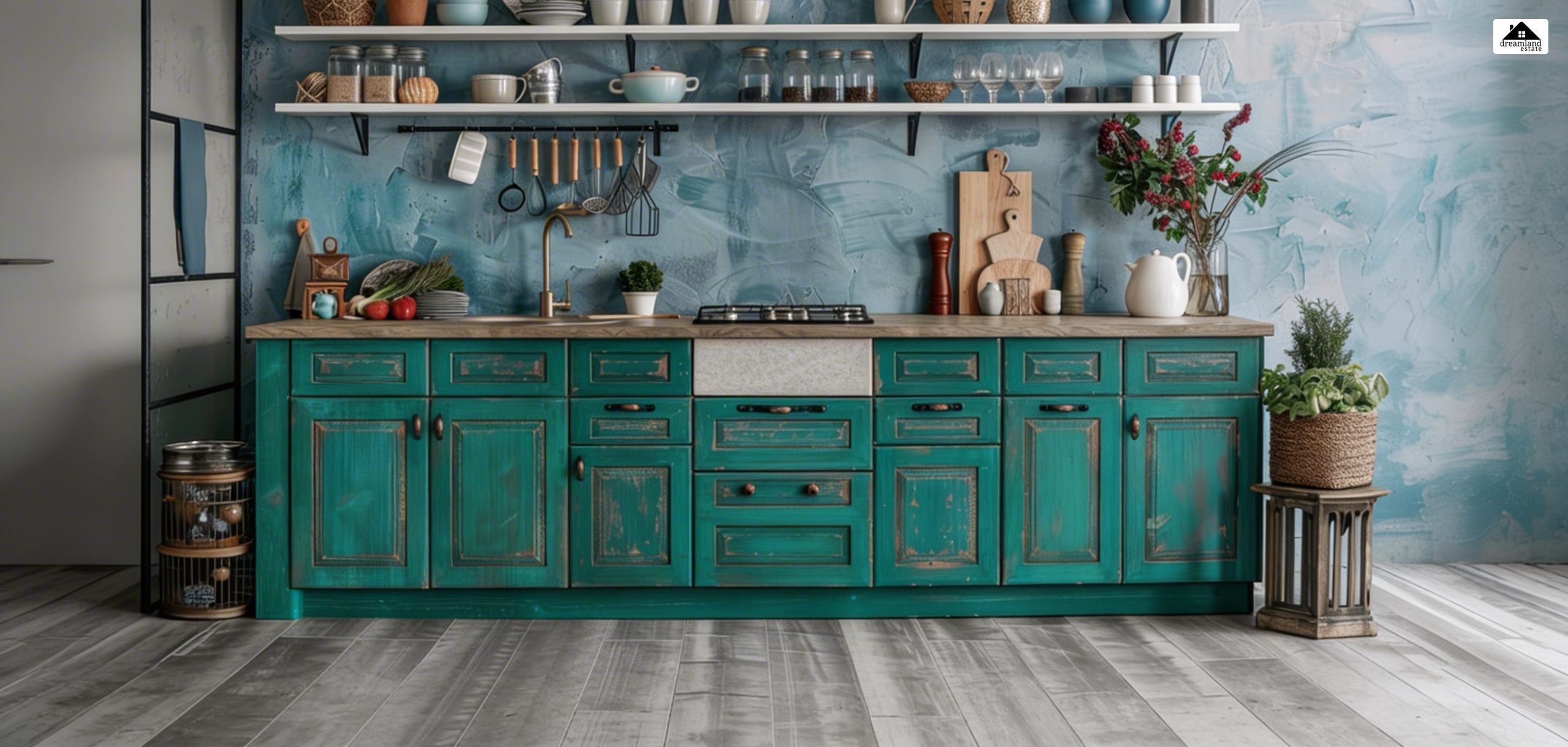 Rustic Teal Kitchen Cabinets