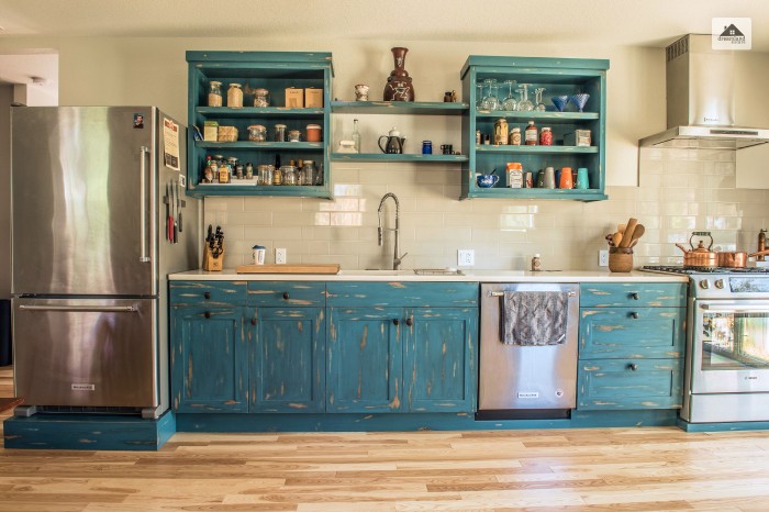 Rustic Teal Kitchen Cabinets