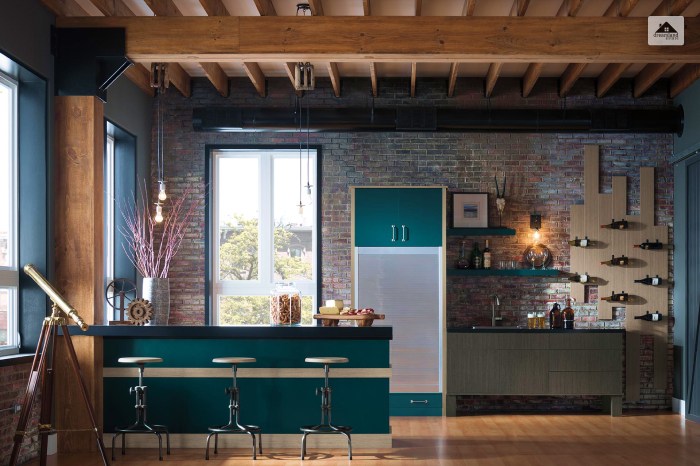 Teal Kitchen Cabinet With Stone Brick Tiles