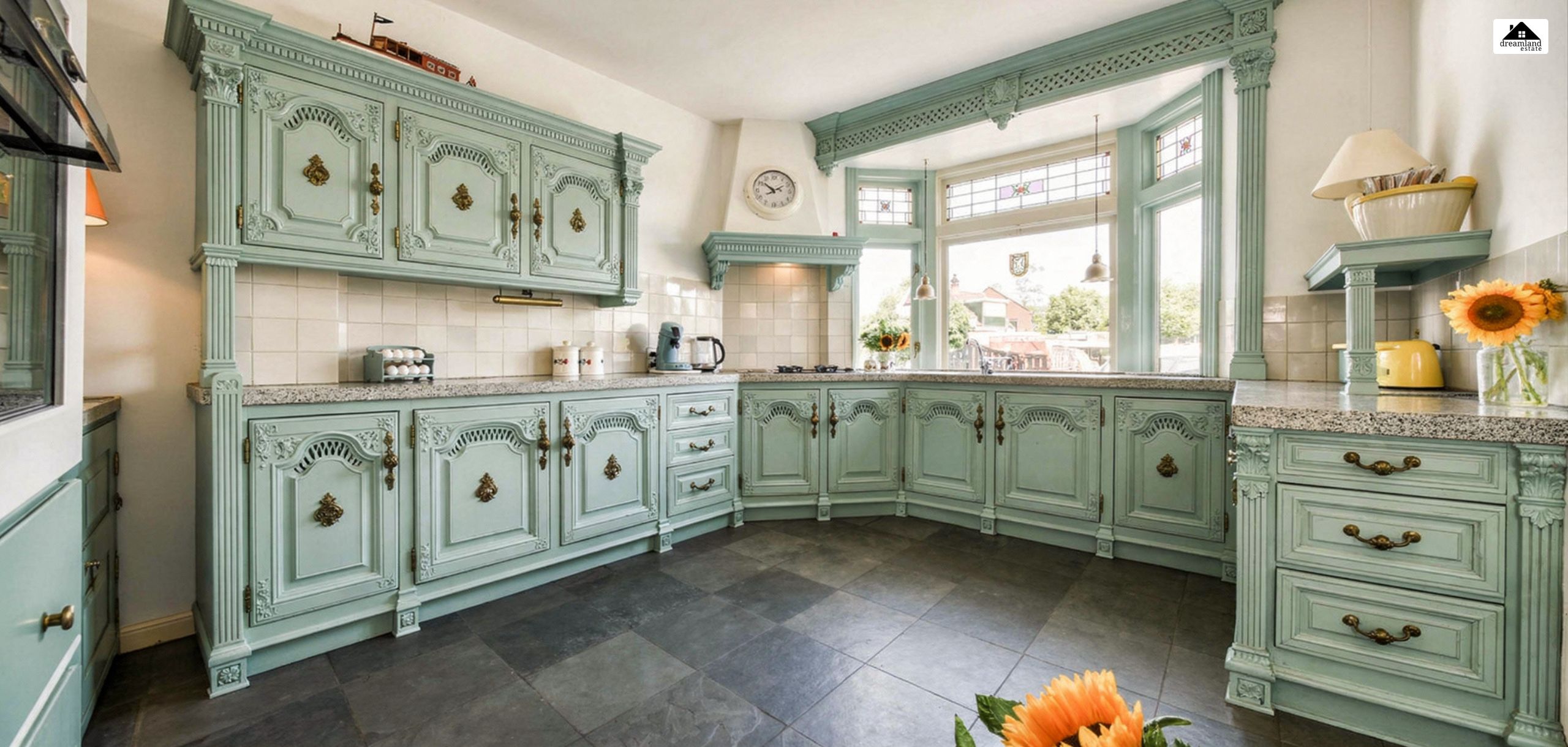 Victorian Styles Light Teal Kitchen Cabinet