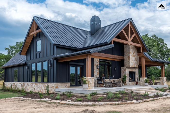 Black Barndominium & brown wood trim