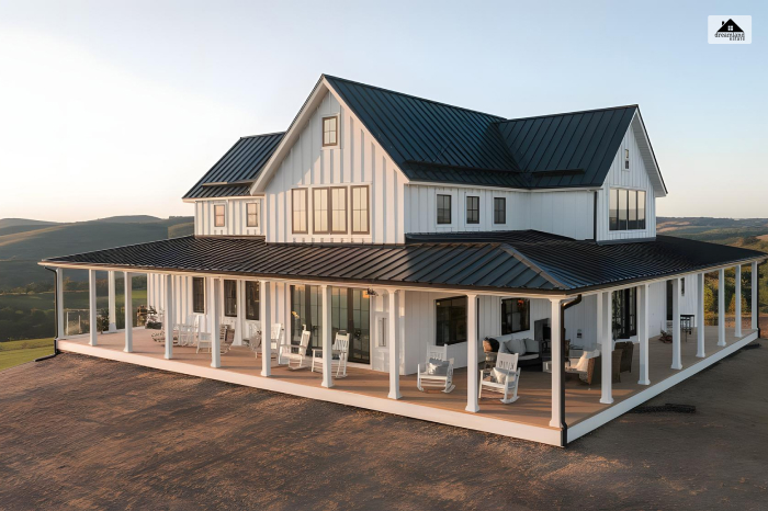 Black Barndominium & white wood trim