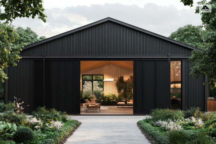 Black barndominium & large sliding barn door