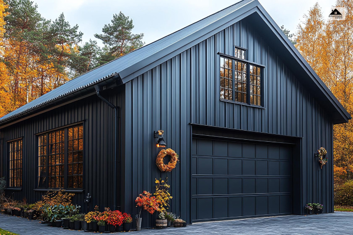 Black barndominium & wooden garage door