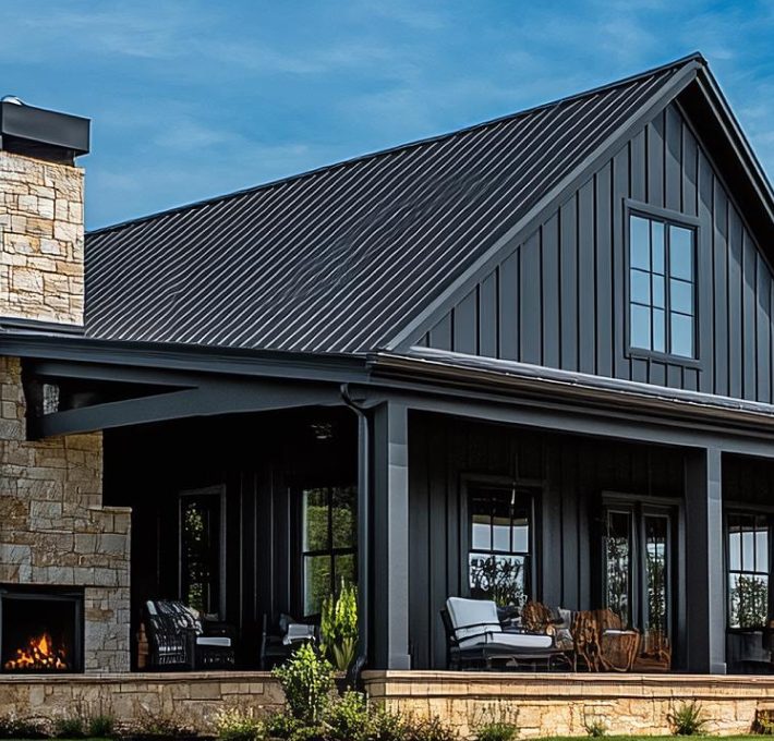 black barndominium with wood accents