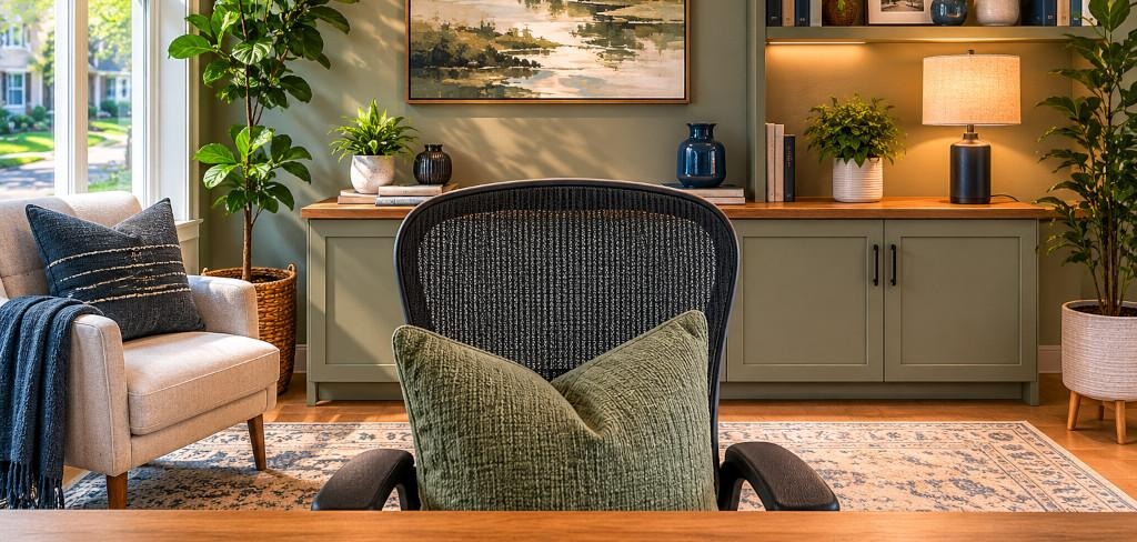 Home office video-call setup featuring an organized background with built-in shelves, books, framed artwork, plants, and soft neutral colors with layered lighting designed to create a professional and comfortable appearance on camera.